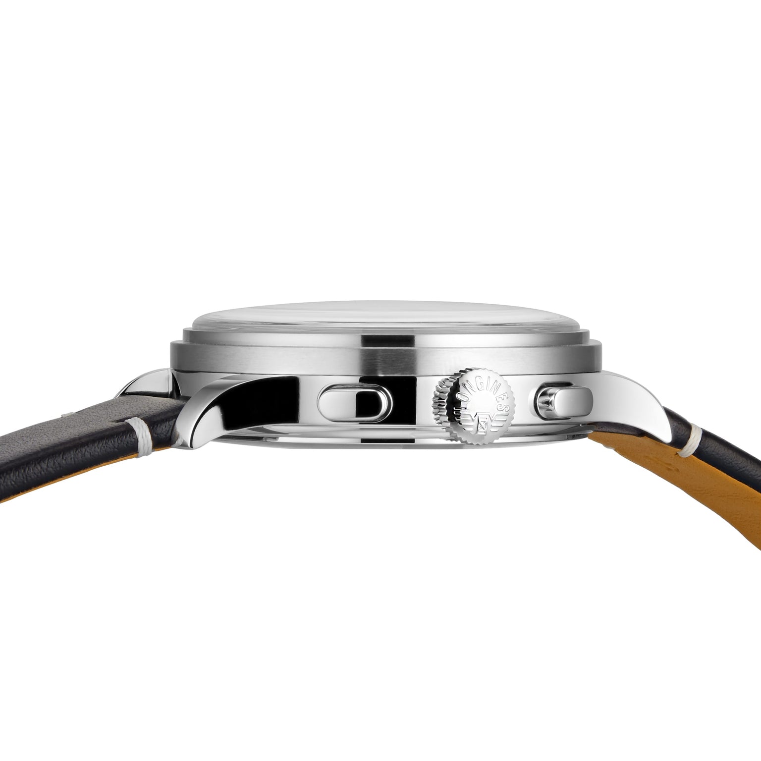 Side view of the Longines Tuxedo from the Heritage Classic collection, featuring a stainless steel case, black leather strap, and visible crown and pushers on the right side.