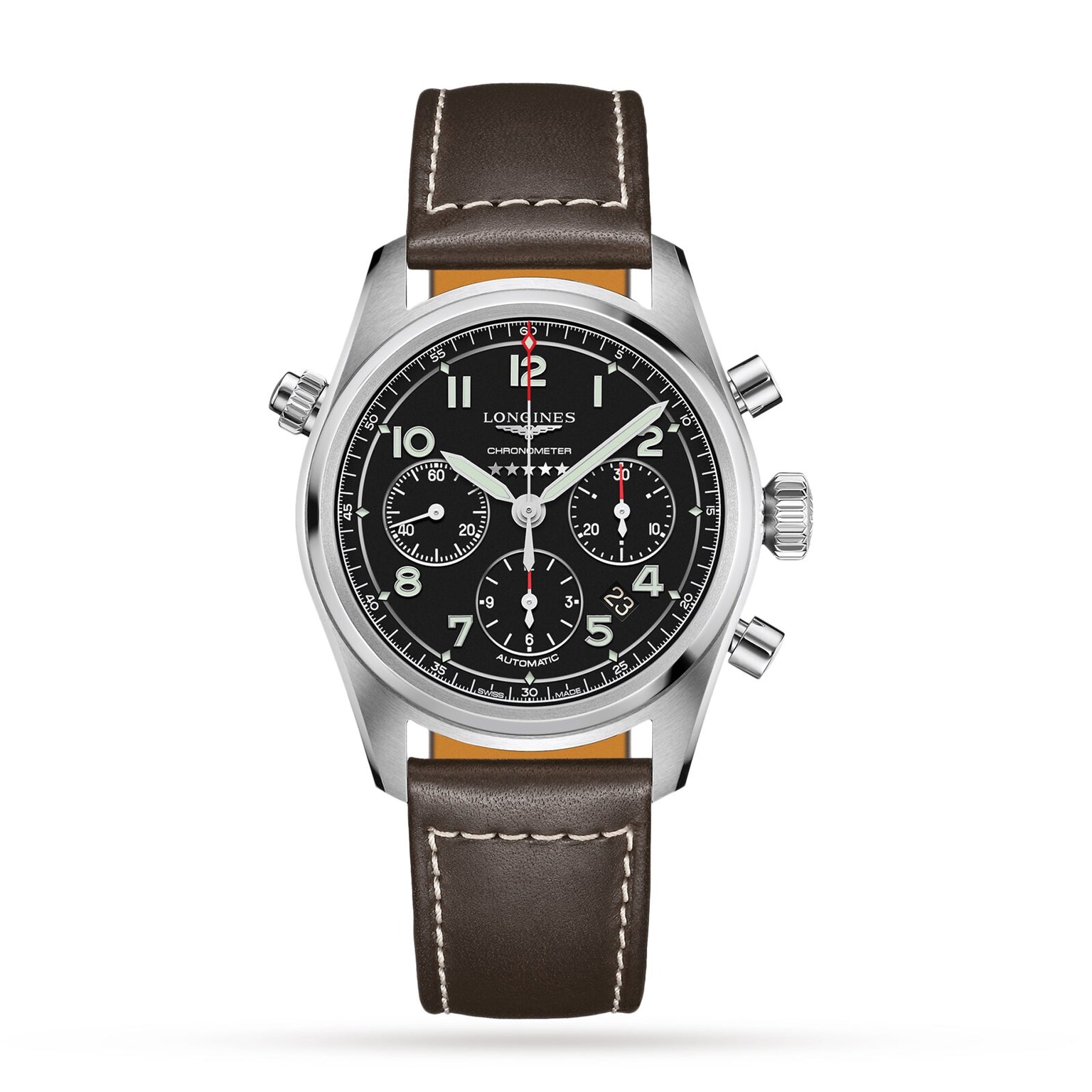 The Longines Spirit Chronograph, a stainless steel wristwatch with black dial, three subdials, white markers, and brown leather strap, features the L688.4 calibre movement and is shown against a white background.