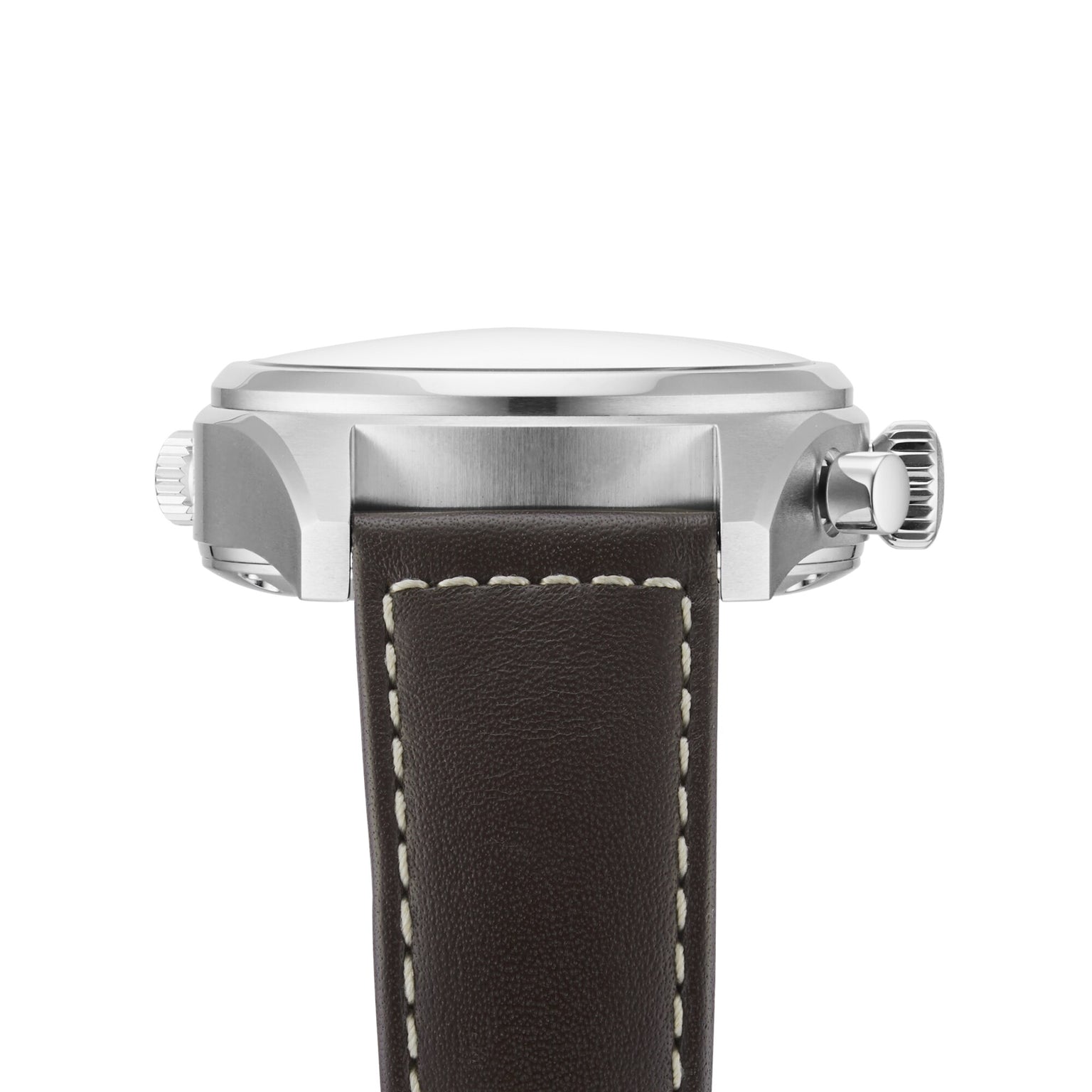 Side view of the Longines Spirit Chronograph, featuring a silver case, crown, and dark brown leather strap with white stitching, powered by the precise L688.4 calibre movement.