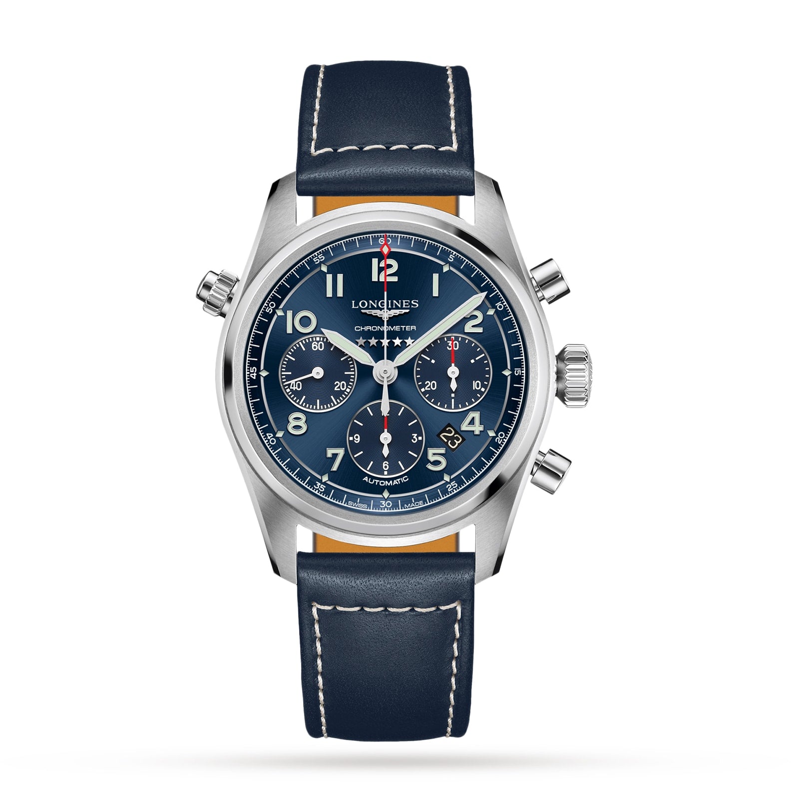 The Longines Spirit Chronograph showcases a 42mm stainless steel case, blue dial with three subdials, white markers, red accents, and a stitched blue leather strap.