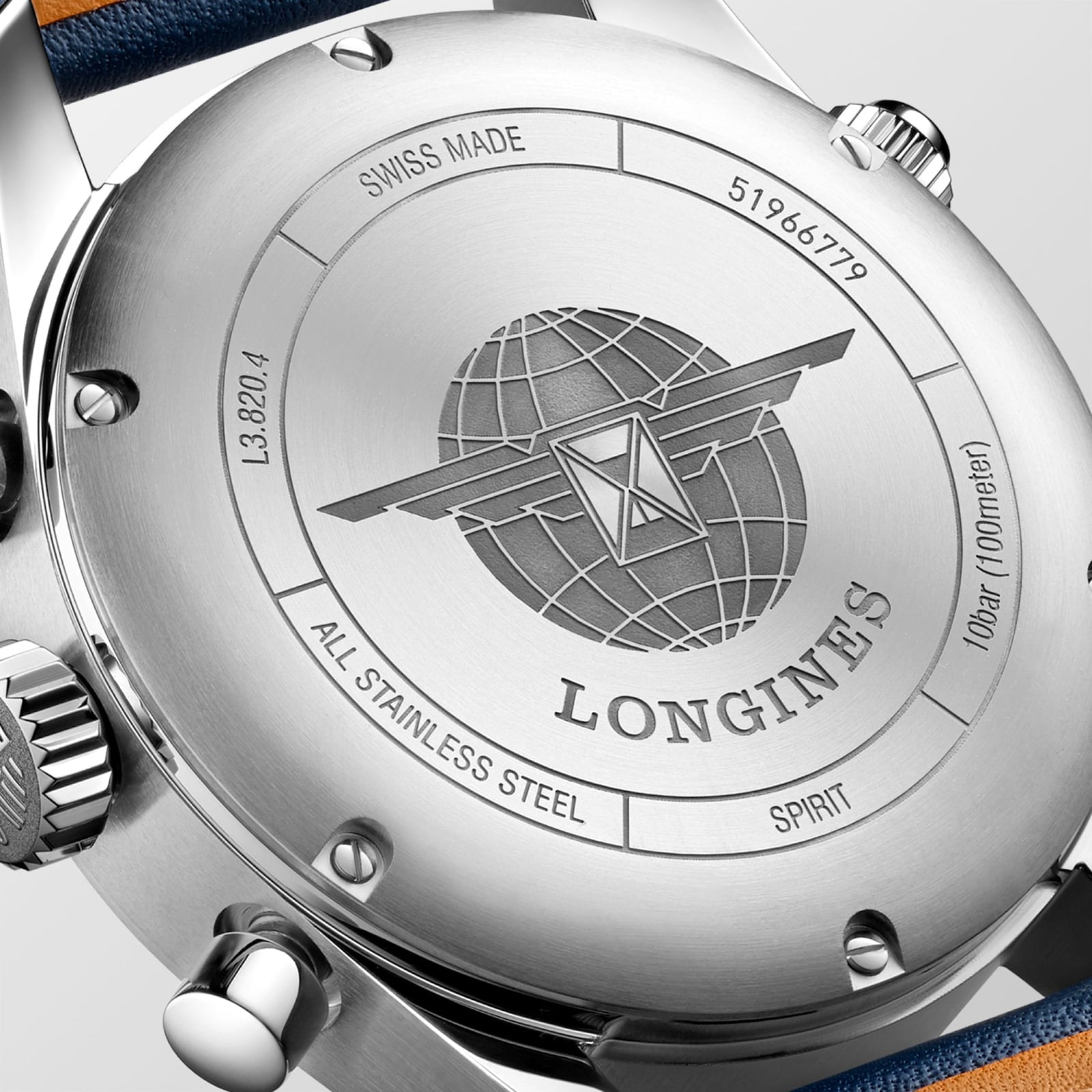 Close-up of the Longines Spirit Chronograph’s 42mm stainless steel case back, featuring an engraved logo, serial number 51966779, and inscriptions: “Swiss Made,” “All Stainless Steel,” and “10 bar (100 meters).”.
