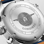 Close-up of the Longines Spirit Chronograph’s 42mm stainless steel case back, featuring an engraved logo, serial number 51966779, and inscriptions: “Swiss Made,” “All Stainless Steel,” and “10 bar (100 meters).”.