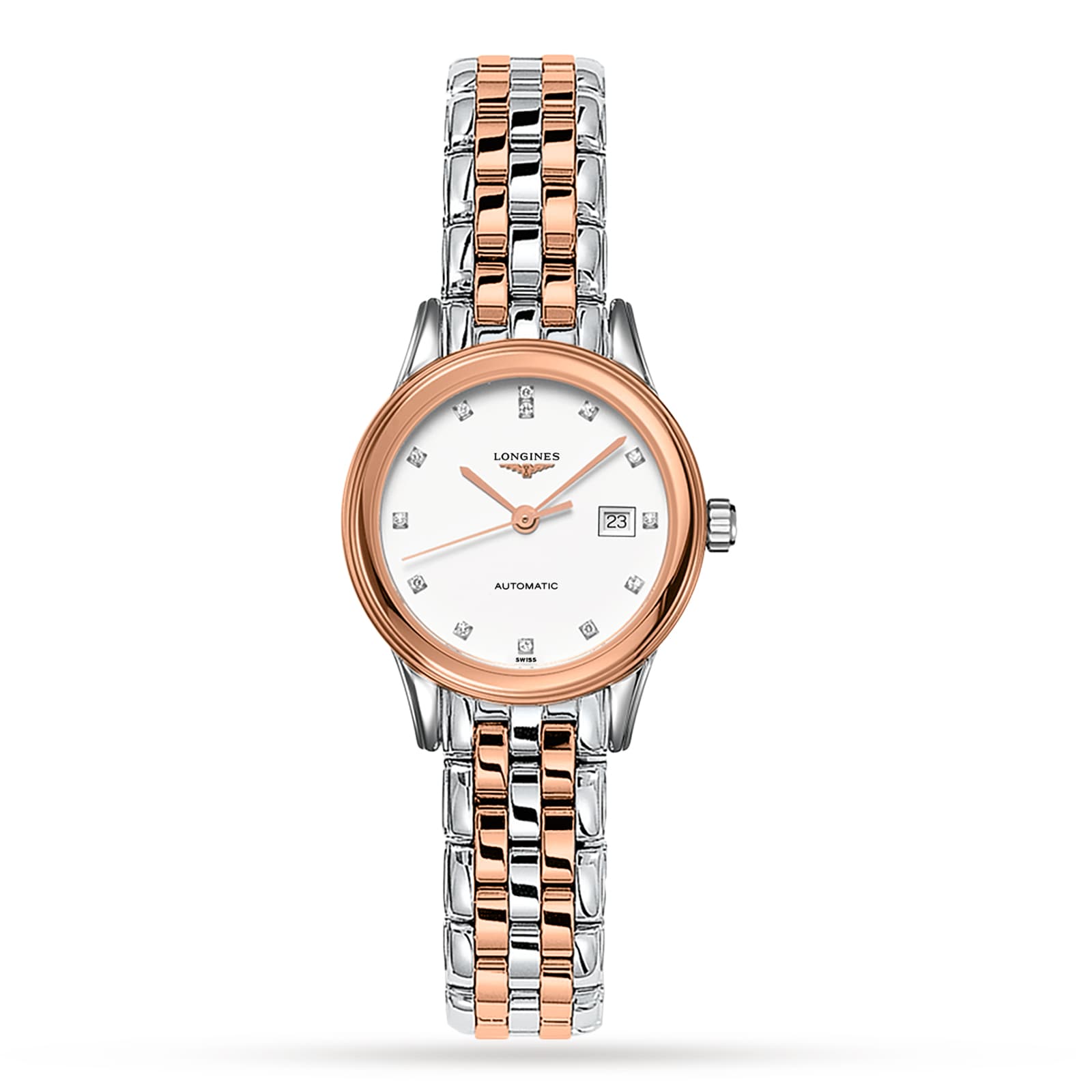 The Longines Flagship is a two-tone women’s wristwatch with a silver and rose gold band, white dial, diamond hour markers, date display, and self-winding calibre movement inspired by classic watches.