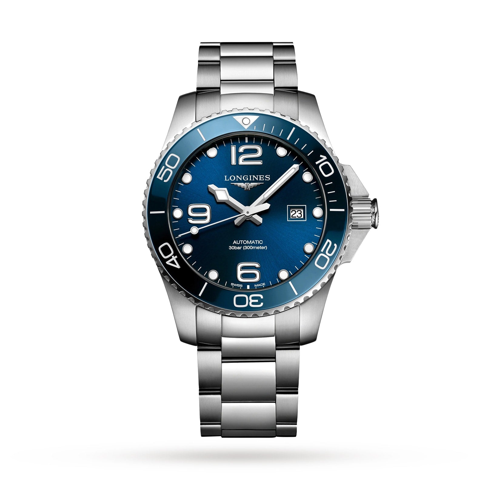 The Longines HydroConquest, a stainless steel diving watch with blue dial, date display, and rotating bezel, is featured against a plain white background.