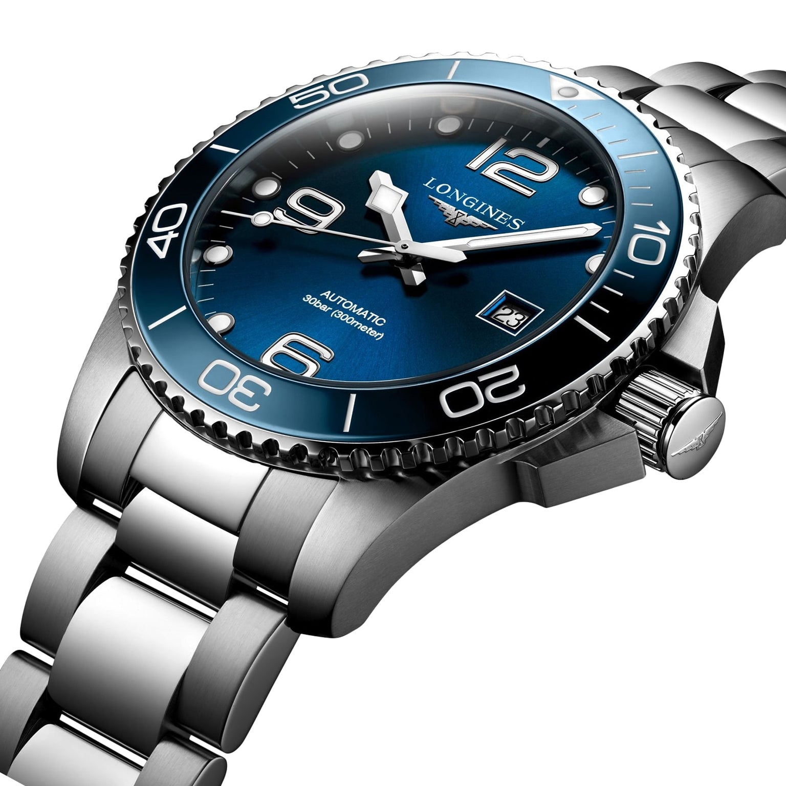 The Longines HydroConquest is a stainless steel automatic watch with a blue dial, silver hour markers, date display, and rotating bezel—ideal for those who appreciate classic diving watches.