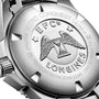 Close-up of the Longines HydroConquest’s caseback, showcasing engraved logos, text, and the iconic winged hourglass emblem on stainless steel—a signature feature of Longines dive watches.