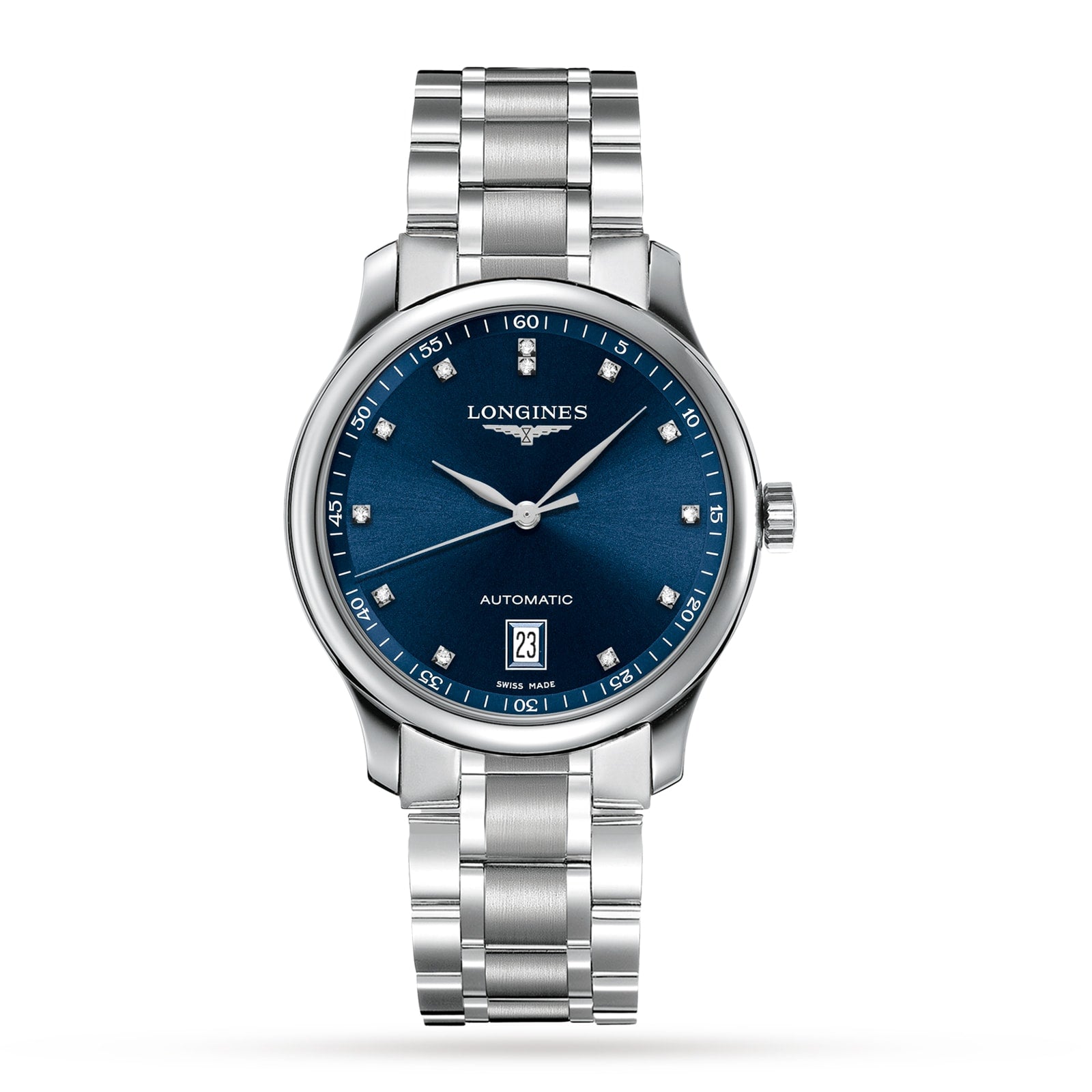 The Longines Master Collection wristwatch features a blue dial, silver hour markers, self-winding movement, date display at 3 oclock, and a stainless steel bracelet—a distinguished choice for any collection.
