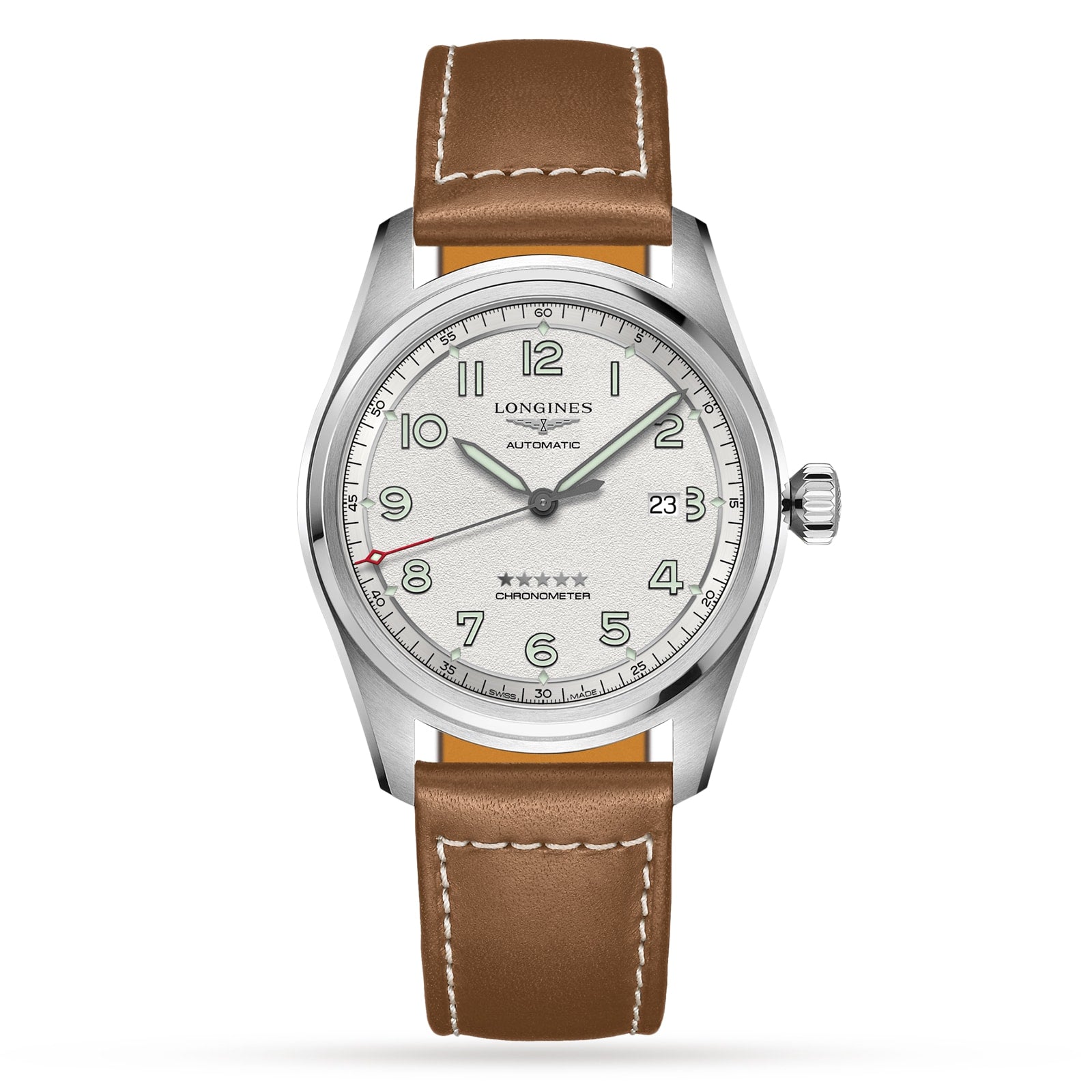 The Longines Spirit features a stainless steel case, white dial with Arabic numerals, date at 3 o’clock, red-tipped seconds hand, and a brown leather strap—reflecting Longines’ renowned craftsmanship and pioneering legacy.