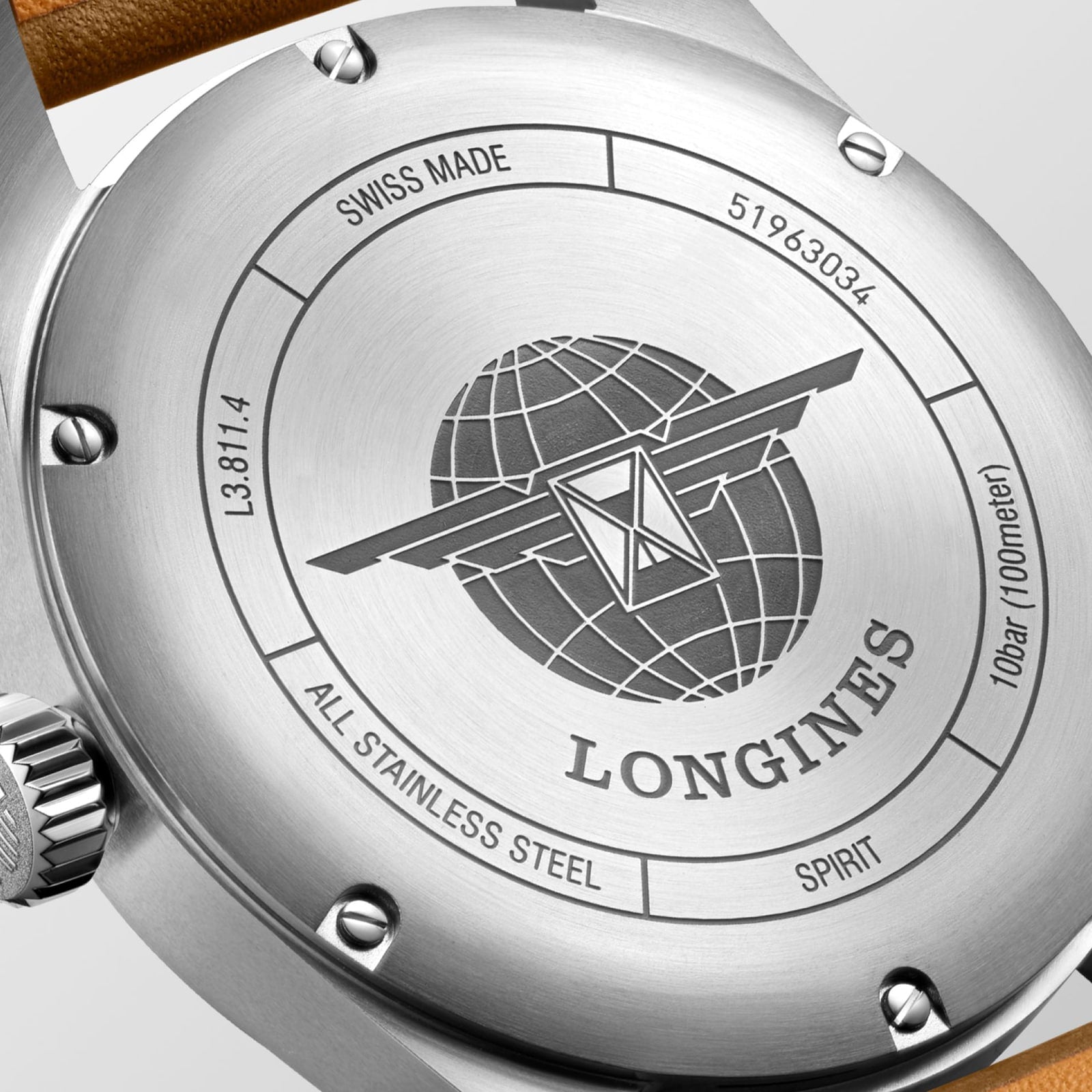 Close-up of the Longines Spirit’s caseback, displaying its engraved logo, model number, Swiss Made mark, water resistance details, and all-stainless steel build—highlighting the watch’s heritage and pioneering essence.