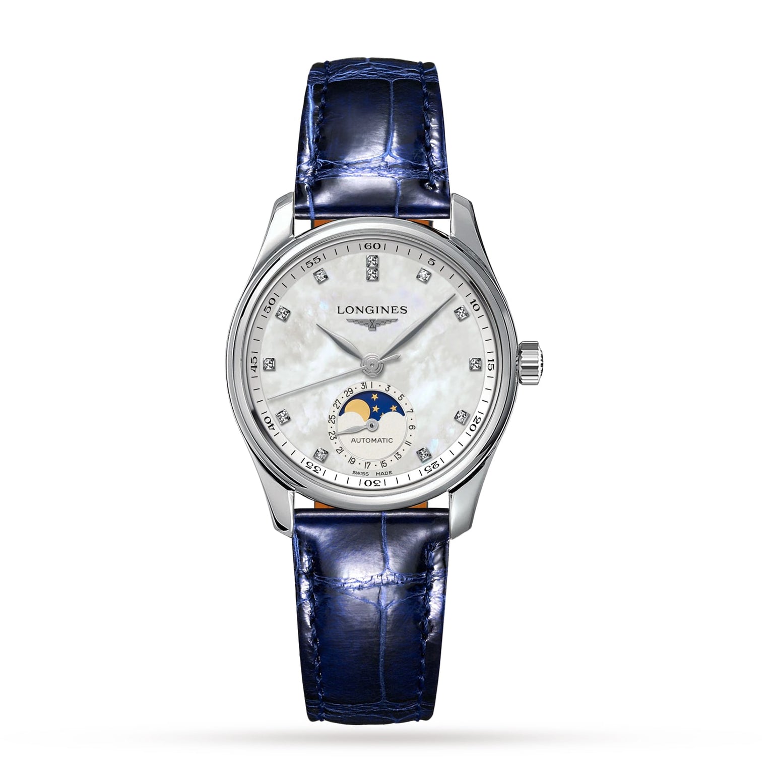 The Longines Master Collection Moonphase features a silver-tone case, blue leather strap, white dial with diamond indexes, date markers, and a moonphase subdial at 6 o’clock.
