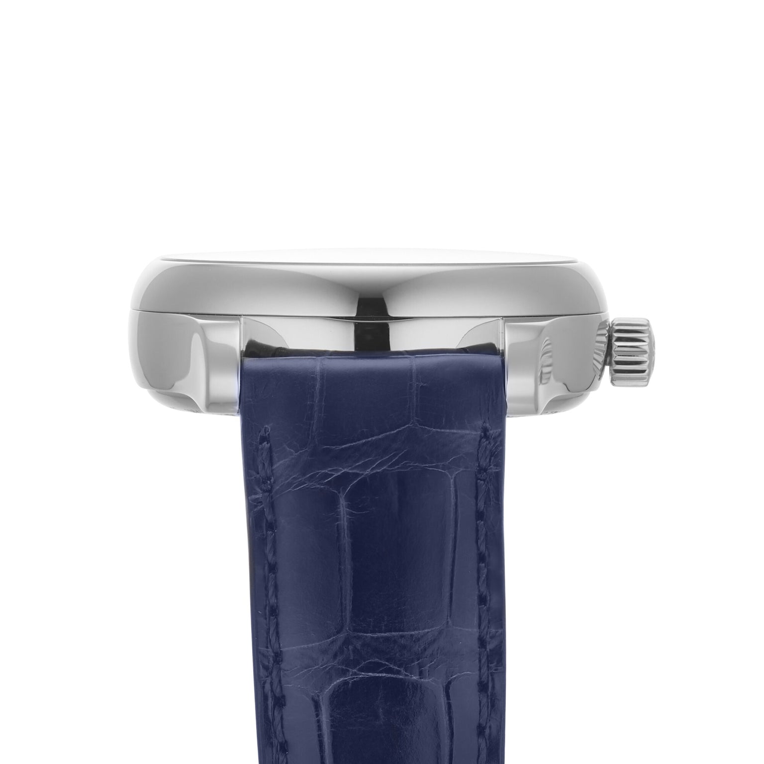 A close-up side view of the Longines Master Collection Moonphase wristwatch shows its silver case, blue leather strap, ridged crown on the right, and elegant diamond indexes.