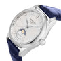The Longines Master Collection Moonphase features a silver case, white dial with diamond indexes, blue hands, moonphase display, and a blue leather strap.