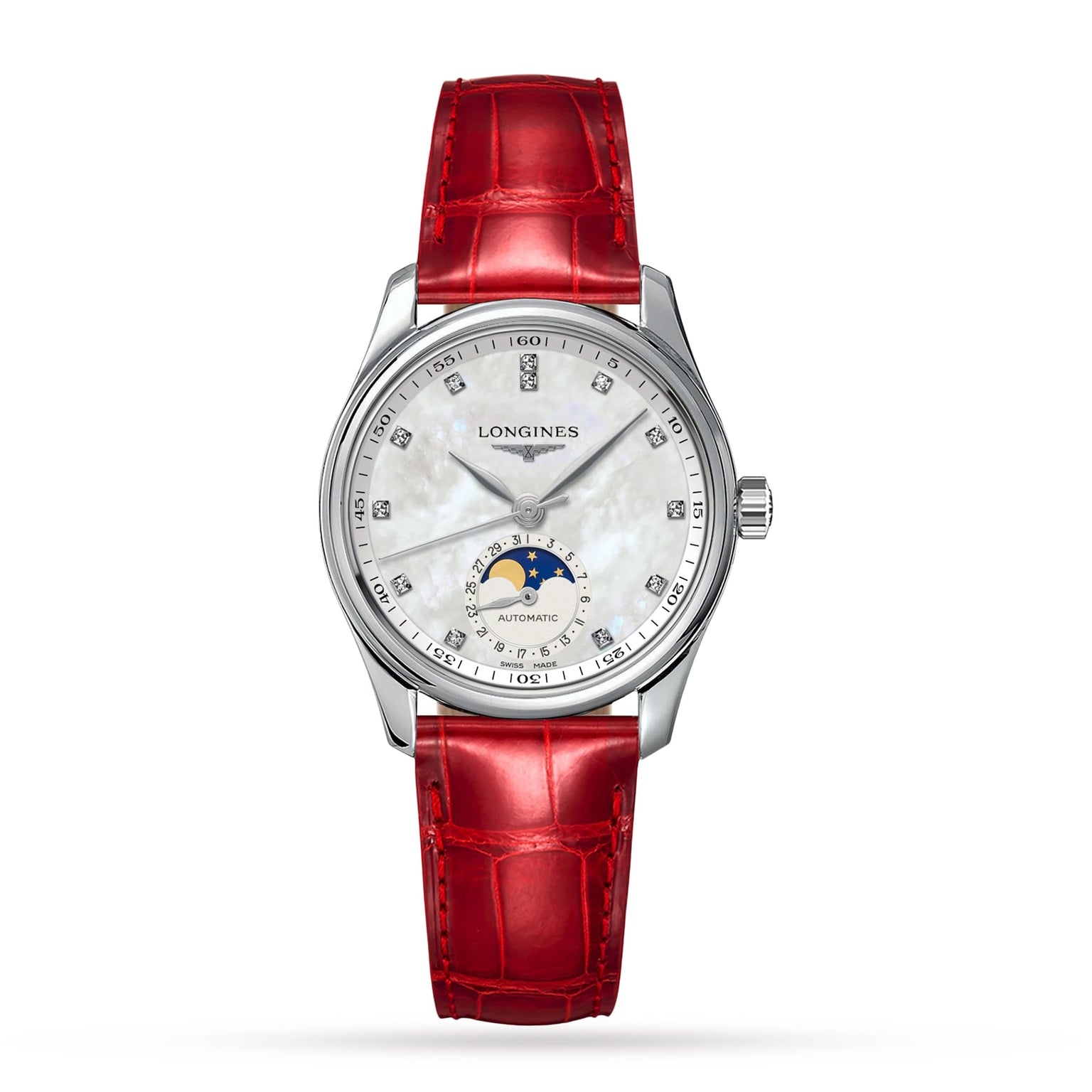 The Longines Master Collection Moonphase features a stainless steel case, red leather strap, white dial with diamond hour markers, and a moonphase display above 6 o’clock.