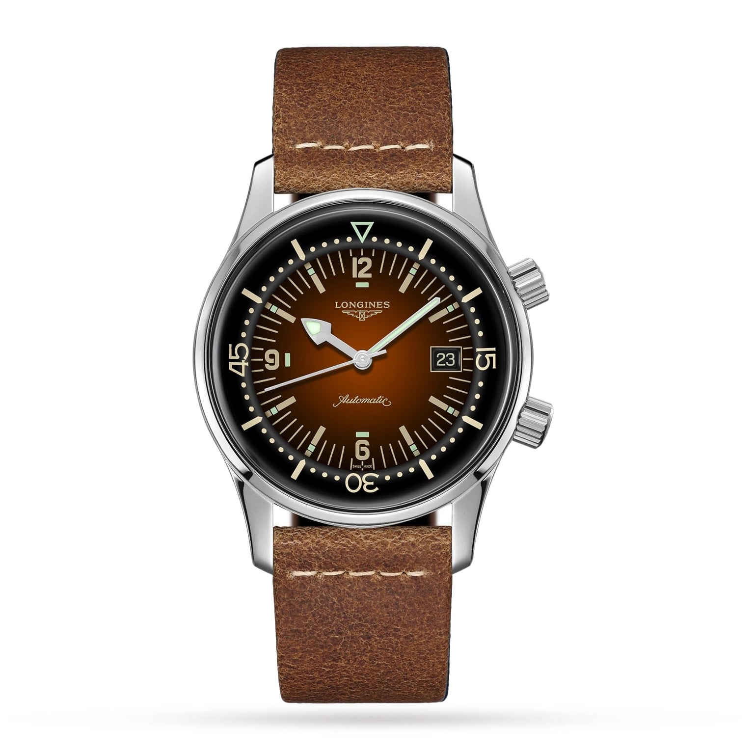 The Longines Legend Diver is a stainless steel automatic watch with the L888 calibre, gradient brown dial with white markers, date display, and a brown leather strap.