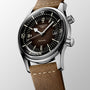 The Longines Legend Diver is an automatic watch with a brown dial, luminous markers, dual crowns, date display, L888 calibre movement, and a brown leather strap.