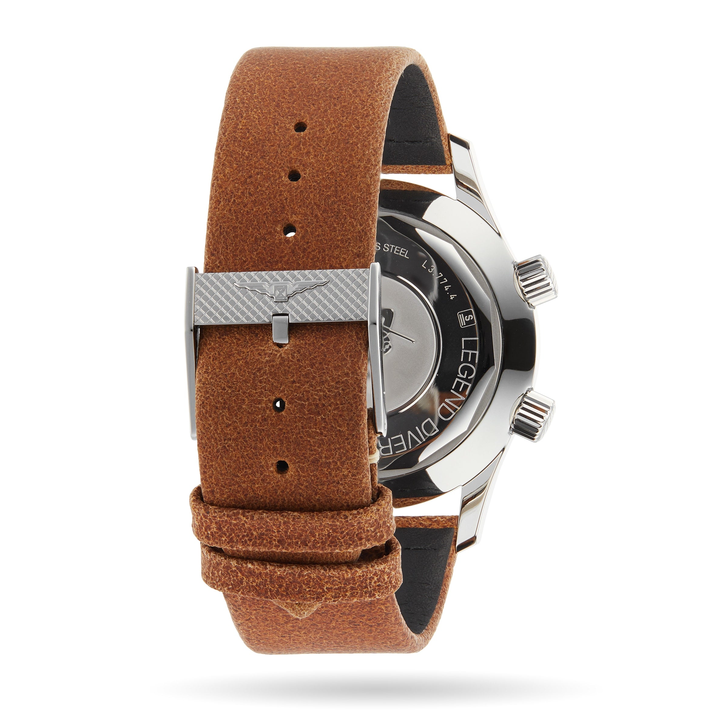 Close-up of the back of the Longines Legend Diver, featuring a brown leather strap with textured silver buckle and a stainless steel case engraved with DIVER, housing the precise L888 calibre movement.