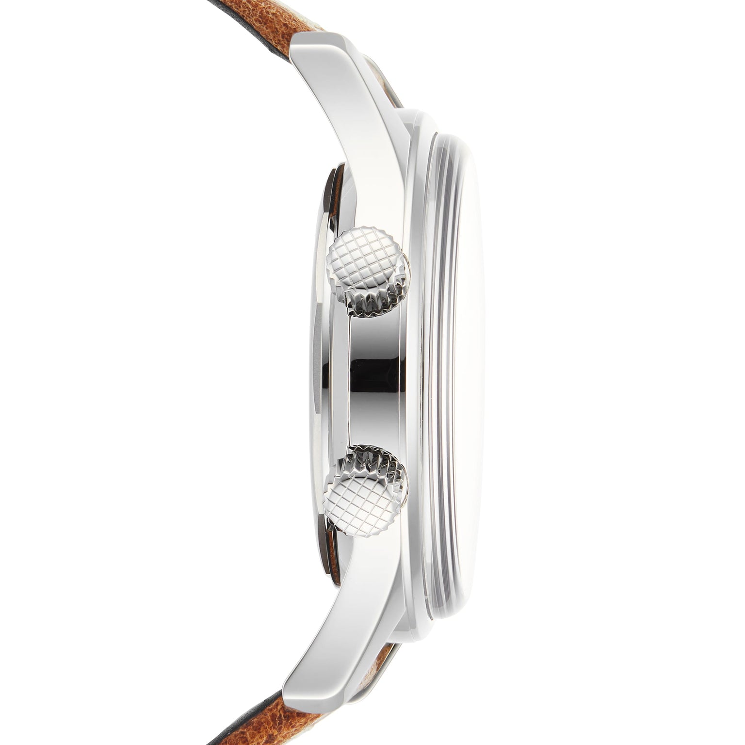 Side view of the Longines Legend Diver, featuring a silver case, two textured crown buttons, and a brown leather strap, powered by the precise L888 calibre movement.