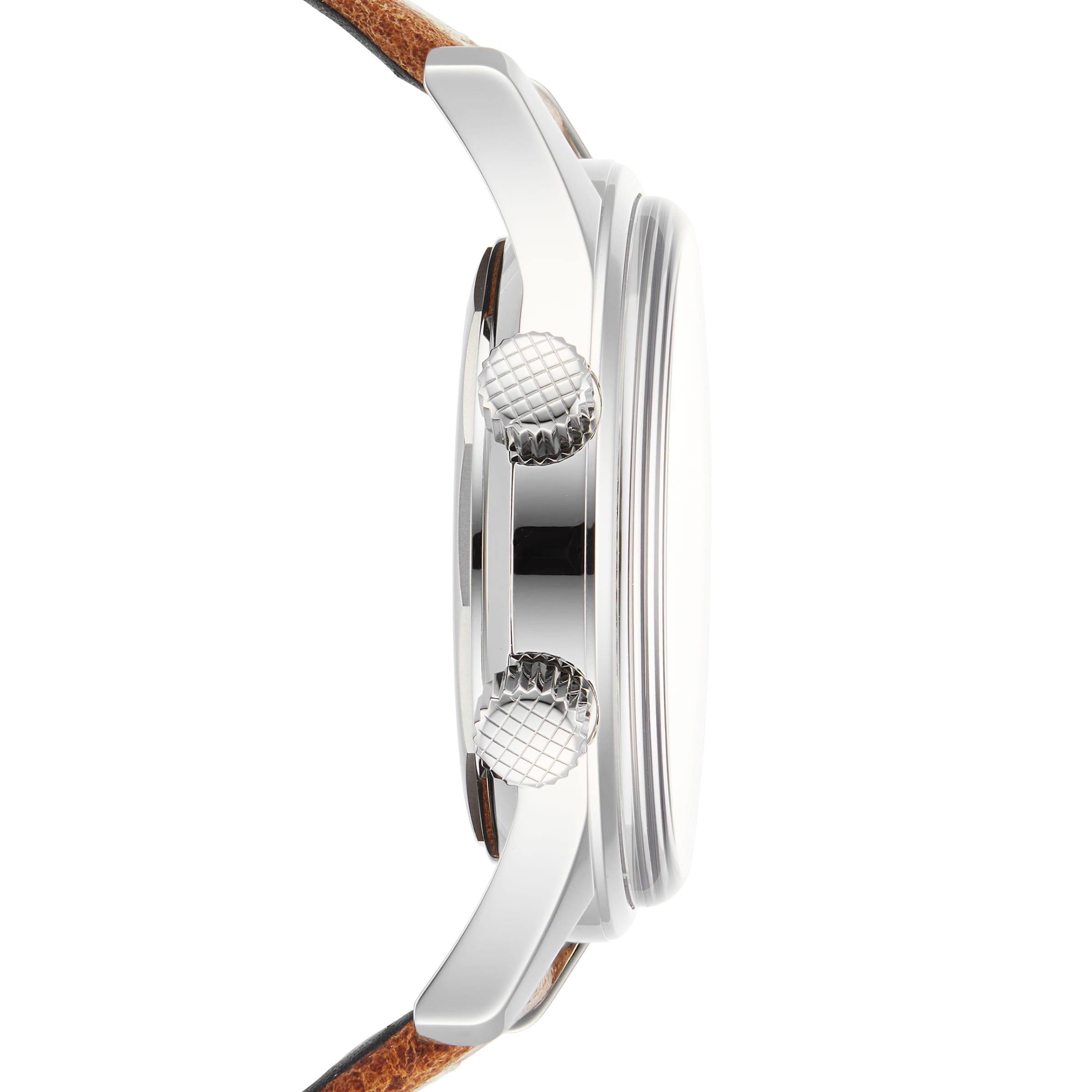 Side view of the Longines Legend Diver, featuring a silver case, two textured crown buttons, and a brown leather strap, powered by the precise L888 calibre movement.