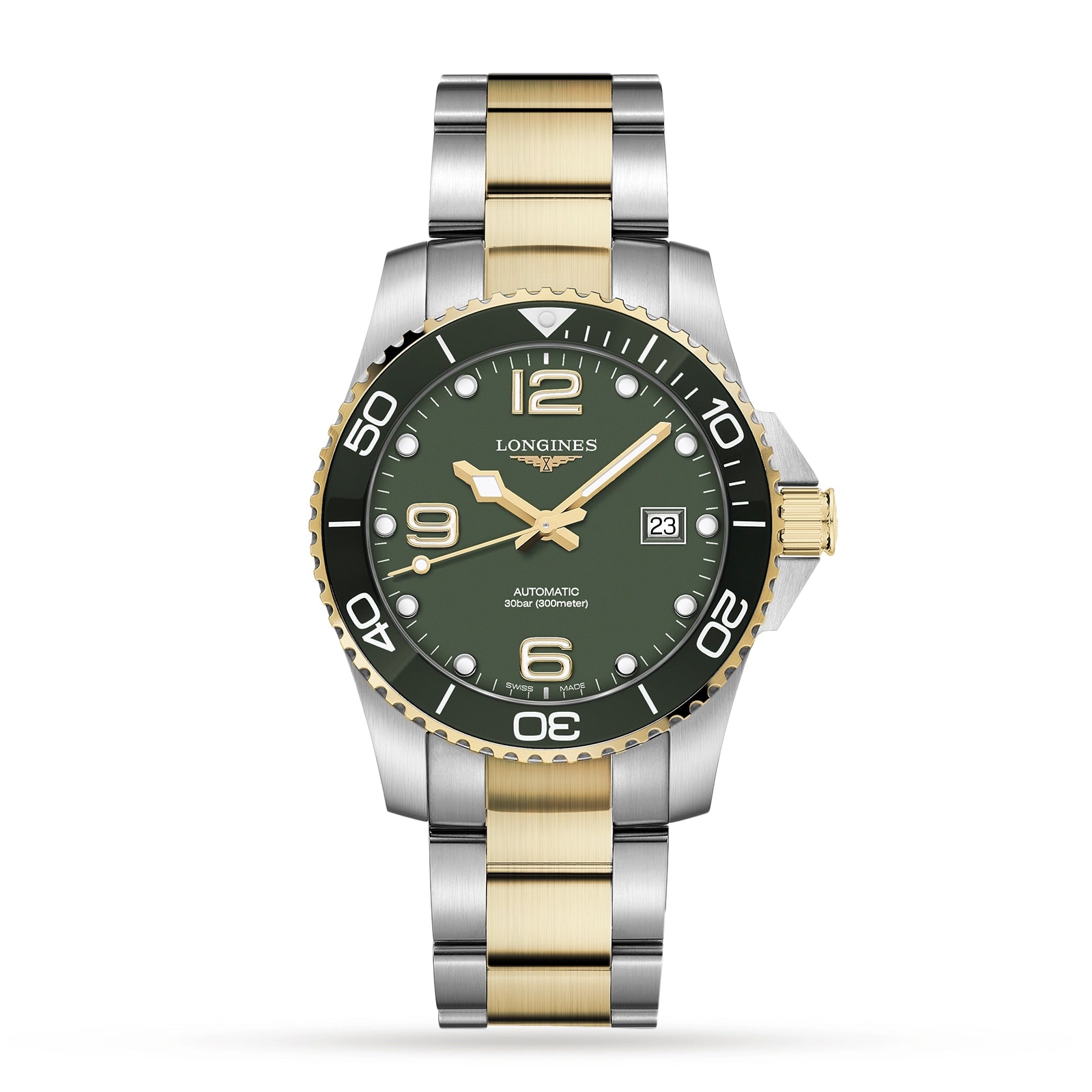 The Longines HydroConquest is a two-tone stainless steel and gold diving watch with a green dial, gold accents, date display, and a rotating bezel.