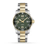 The Longines HydroConquest is a two-tone stainless steel and gold diving watch with a green dial, gold accents, date display, and a rotating bezel.