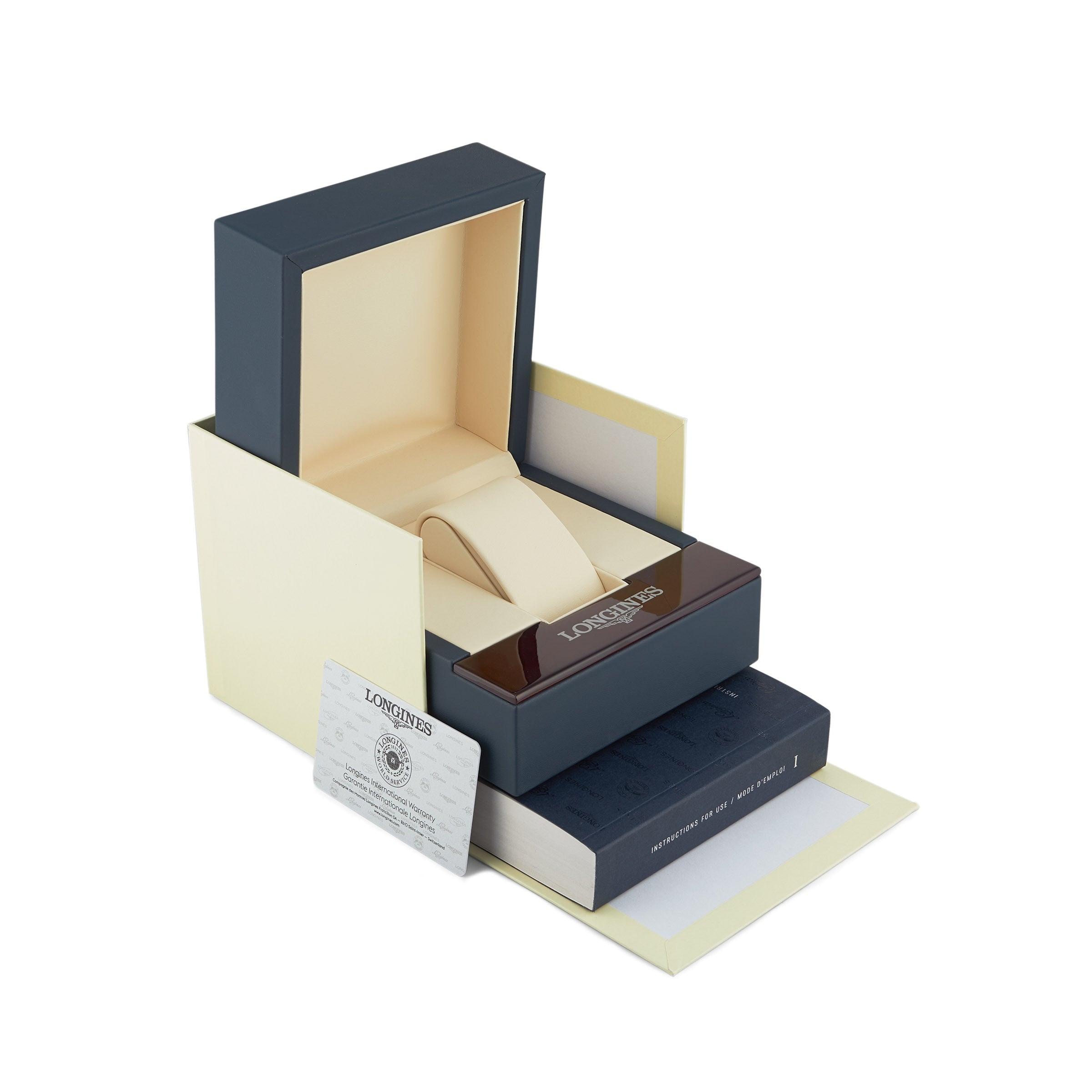 A Longines HydroConquest watch box with an open case, booklet, and warranty card displayed on a white background.