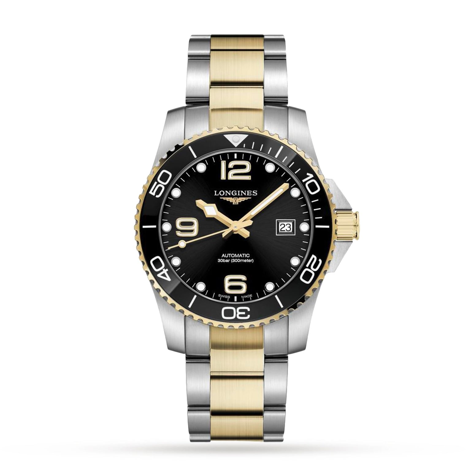 The Longines HydroConquest is a two-tone diving watch with a black dial, gold and silver bracelet, rotating bezel, date at 3 oclock, and excellent water resistance.