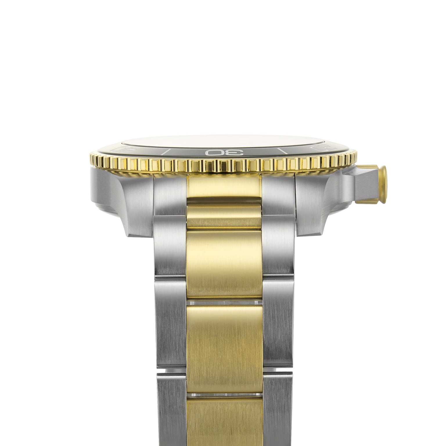 Side view of the Longines HydroConquest watch, showcasing a silver and gold metal band, fluted bezel, right-side crown, and high water resistance—ideal for diving enthusiasts.