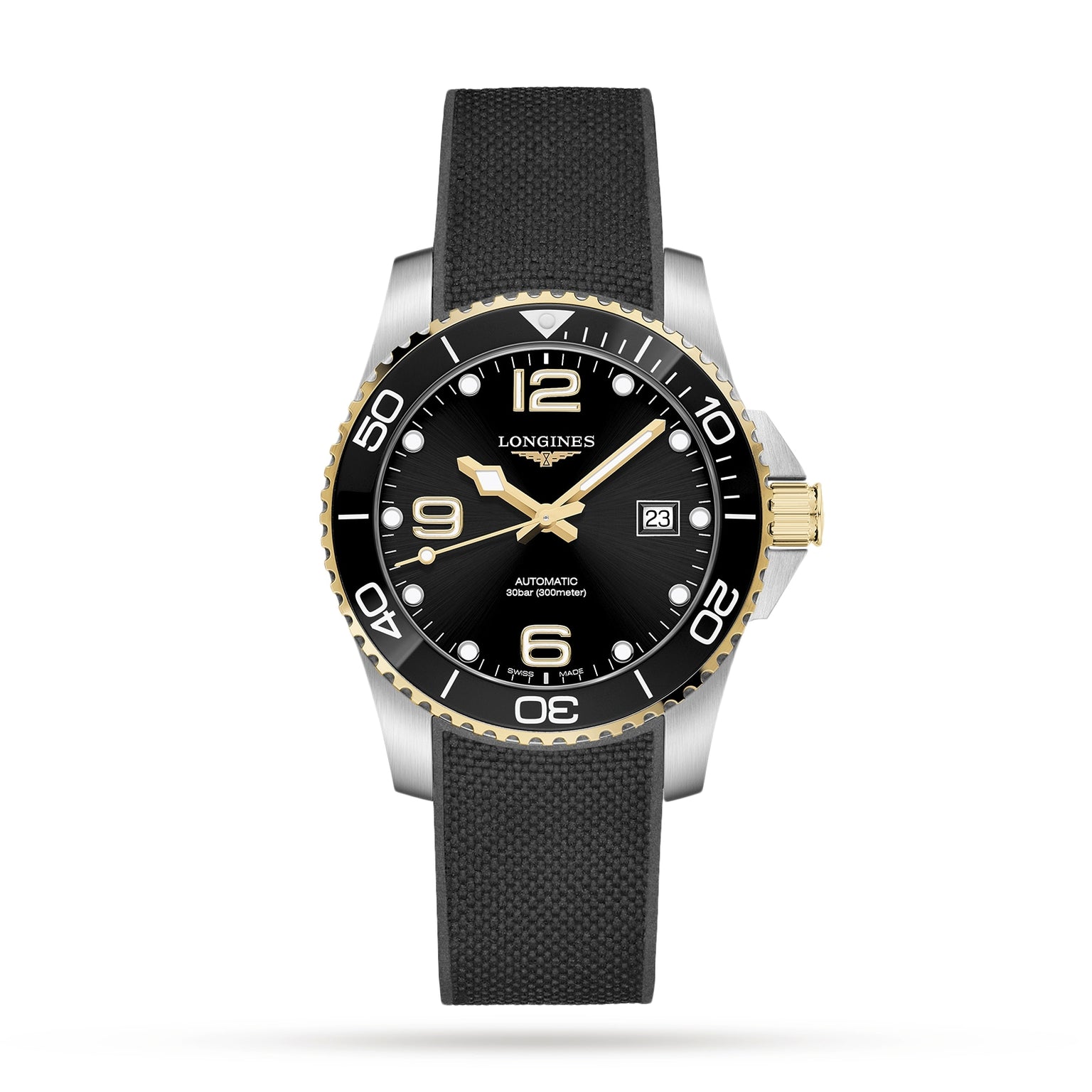 A Longines HydroConquest watch featuring a black dial, gold accents, black bezel, date at 3 o’clock, and a black textured strap is displayed on a white background.