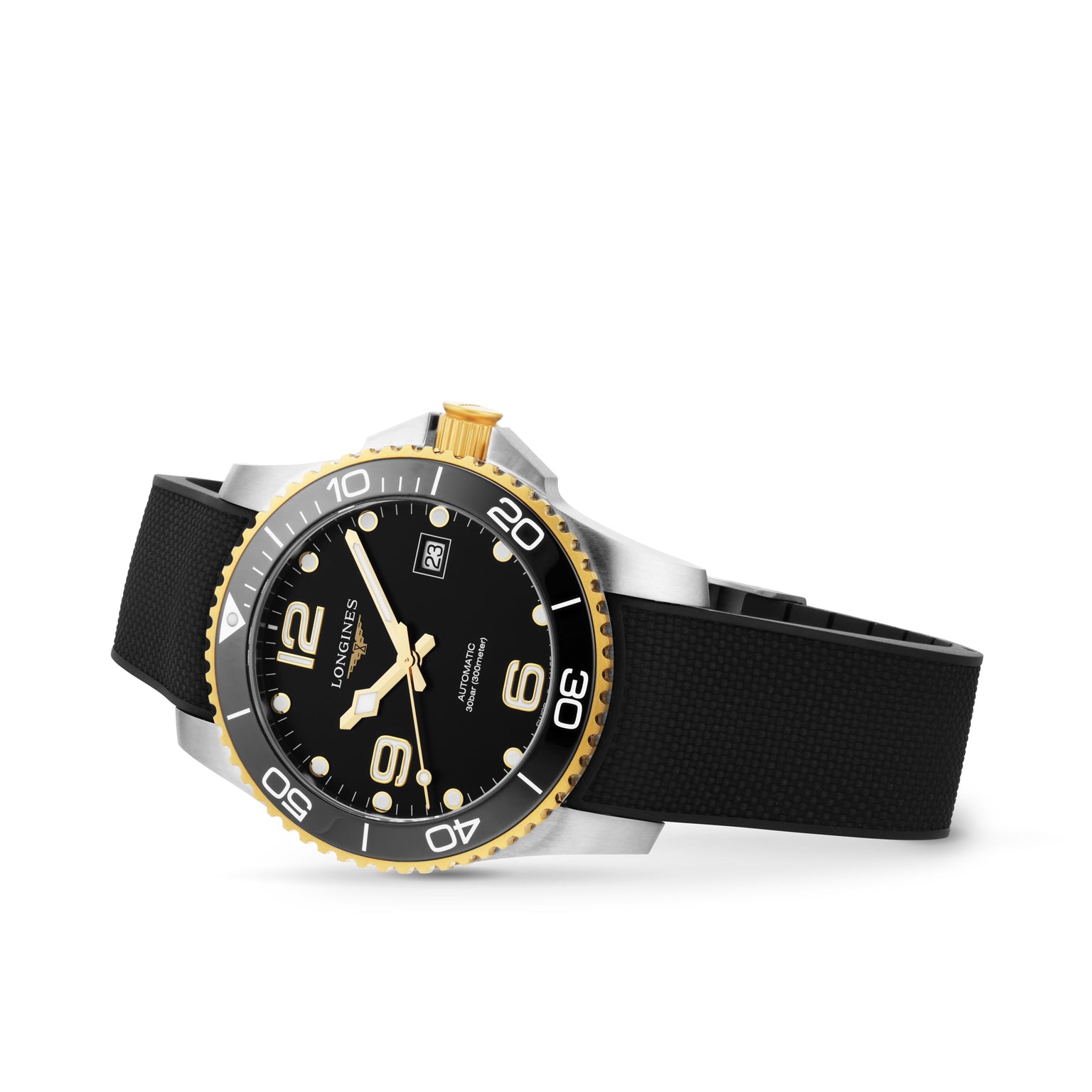 The Longines HydroConquest diving watch features a black dial, gold bezel, black rubber strap, and white markers, shown at an angle against a white background.
