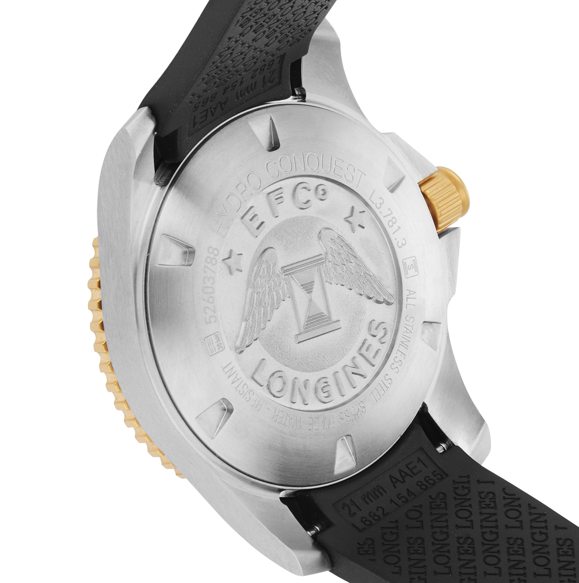 Close-up of the back of the Longines HydroConquest, highlighting engraved branding, reference numbers, and its gold-colored crown and bezel.