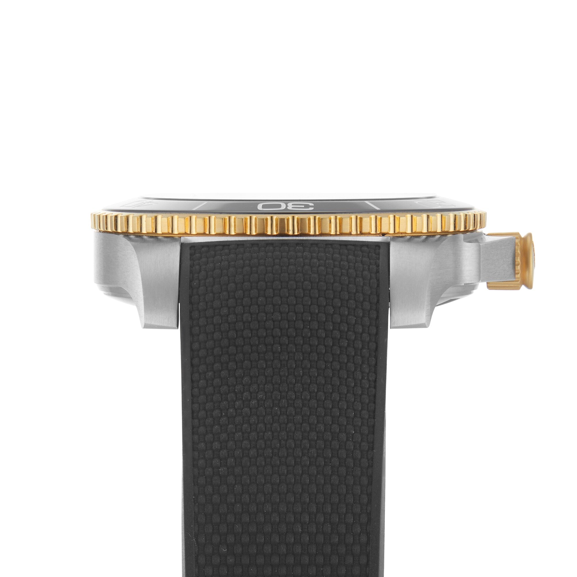 Side view of the Longines HydroConquest, featuring a black textured band, silver case, gold crown, and gold ridged bezel with 30 visible—an elegant divers watch blending style and precision.