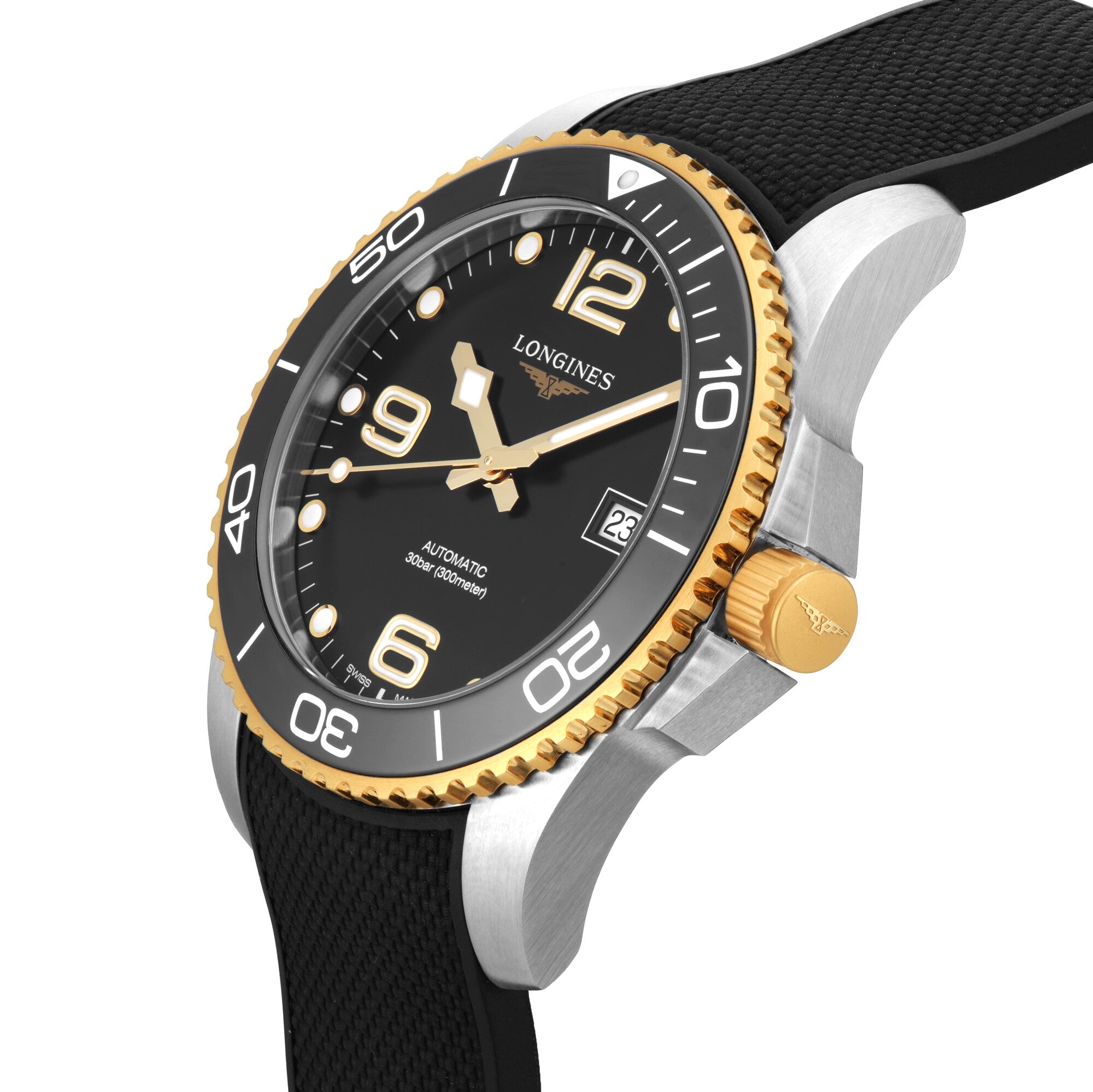 The Longines HydroConquest automatic wristwatch showcases a black dial, gold bezel and crown, black rubber strap, and a date display at 3 o’clock.