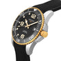 The Longines HydroConquest automatic wristwatch showcases a black dial, gold bezel and crown, black rubber strap, and a date display at 3 o’clock.