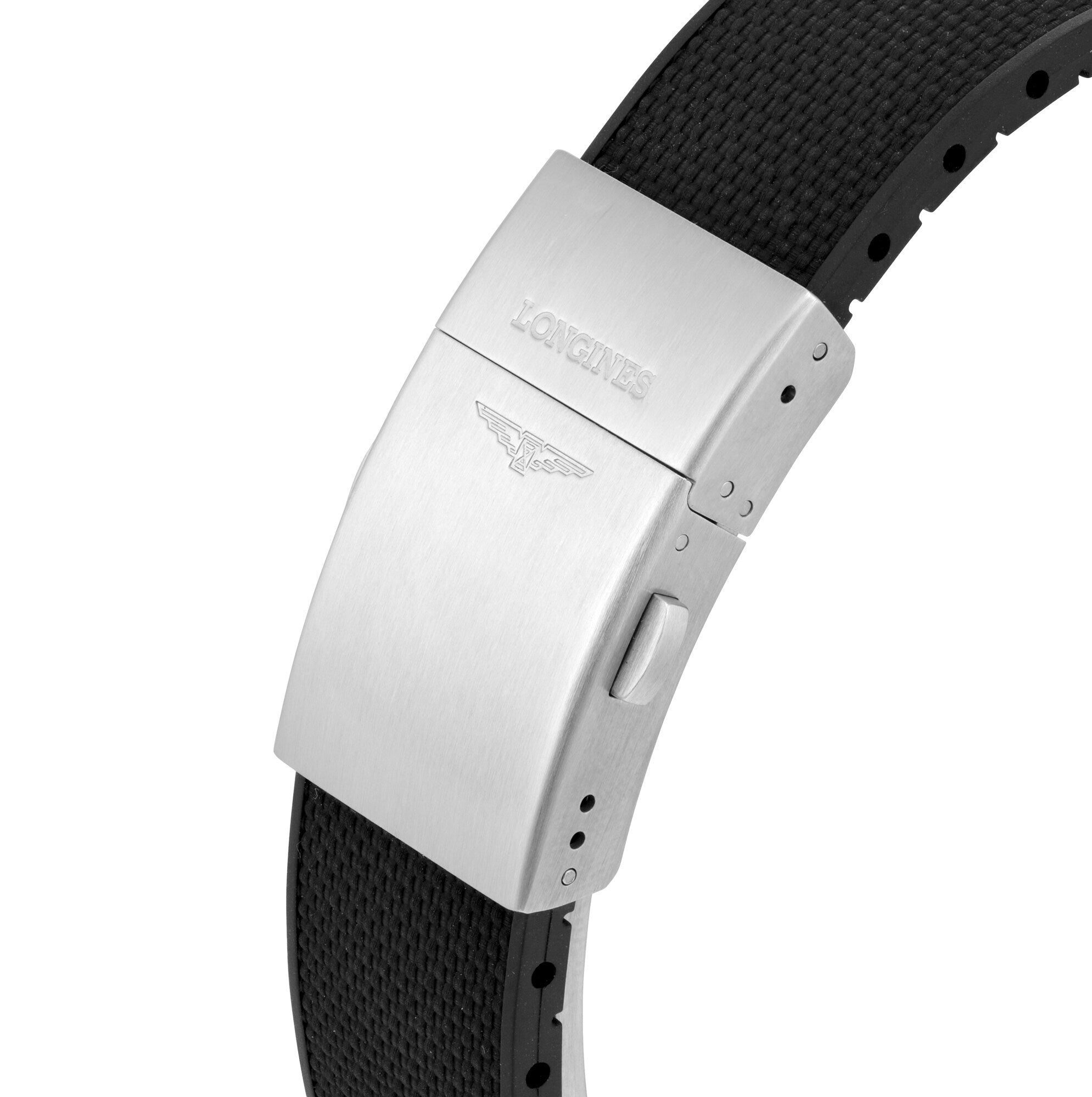 A close-up shows a Longines HydroConquest stainless steel clasp engraved with the brands logo, attached to a textured black strap.