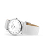 The Longines La Grande Classique de LONGINES, featuring a white leather strap, white mother-of-pearl dial, diamond hour markers, and sleek design, is displayed against a plain white background.