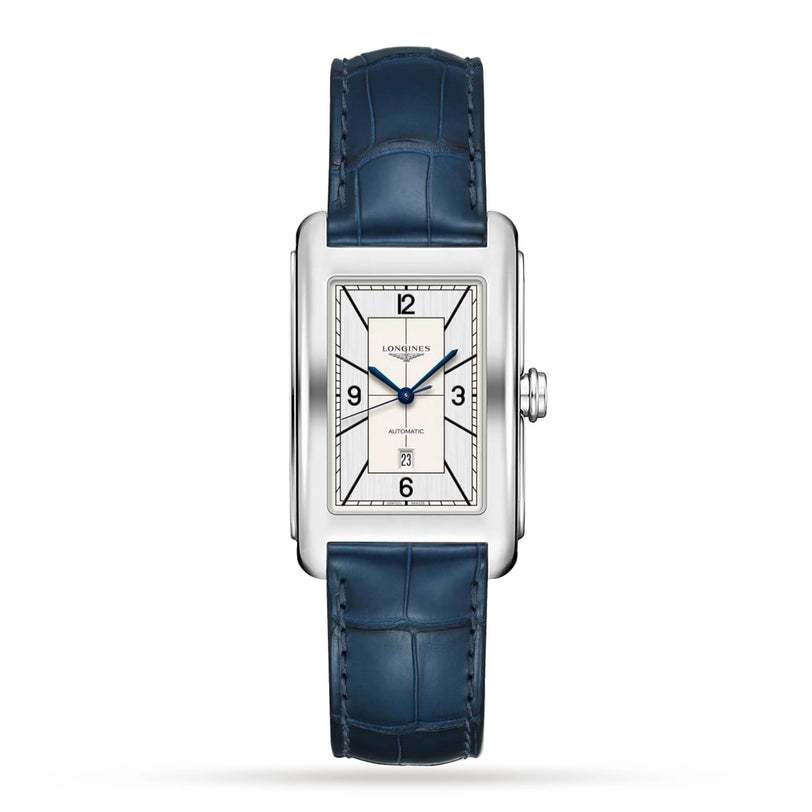 The Longines DolceVita watch features a rectangular stainless steel case, white dial with black numerals, blue hands, date at 6 o’clock, L592 movement, and a blue leather strap.
