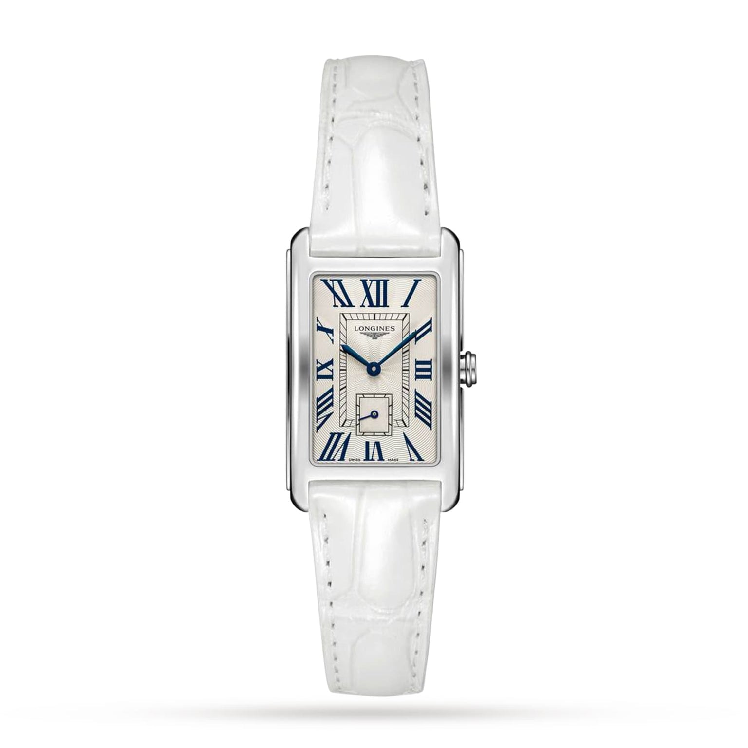 The Longines DolceVita features a rectangular silver case, white leather strap, white dial with blue Roman numerals and two blue hands, quartz movement, and a small seconds subdial above 6 o’clock for contemporary elegance.