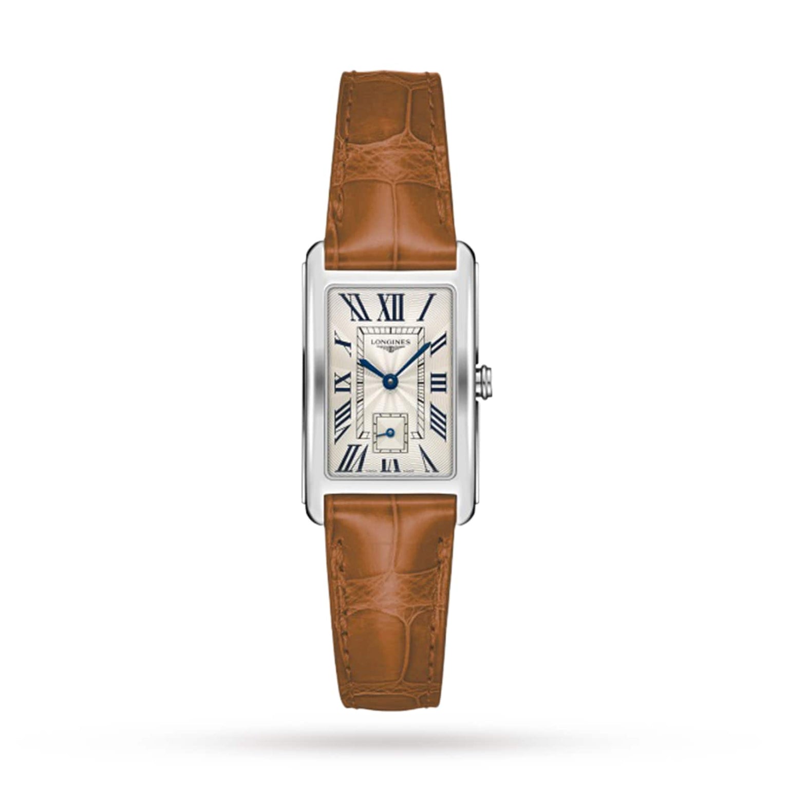 The Longines DolceVita features a rectangular case, white dial with black Roman numerals, blue hands, small seconds subdial, and a brown leather strap for timeless elegance.