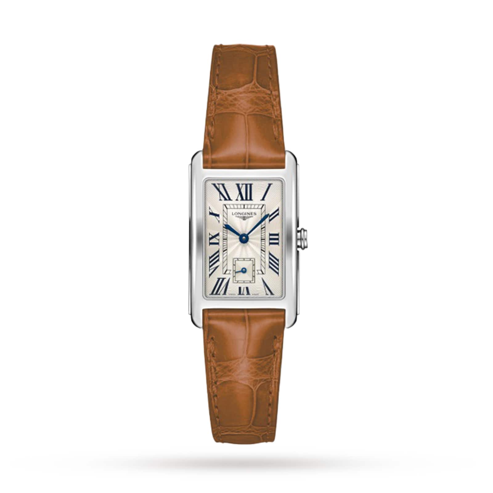 The Longines DolceVita features a rectangular case, white dial with black Roman numerals, blue hands, small seconds subdial, and a brown leather strap for timeless elegance.
