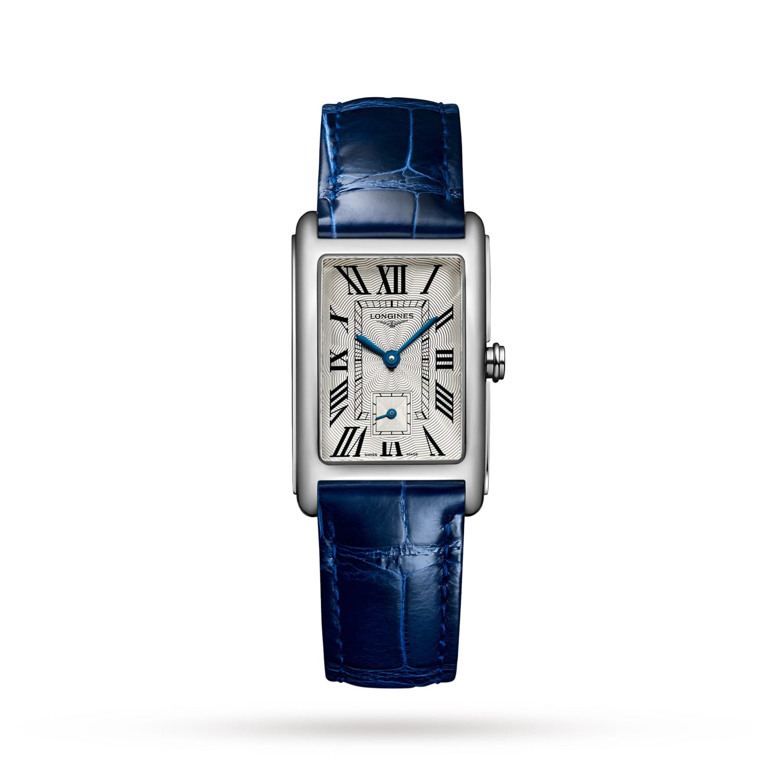 The Longines DolceVita is a rectangular silver watch featuring a textured face, blue Roman numerals, and a blue leather strap.