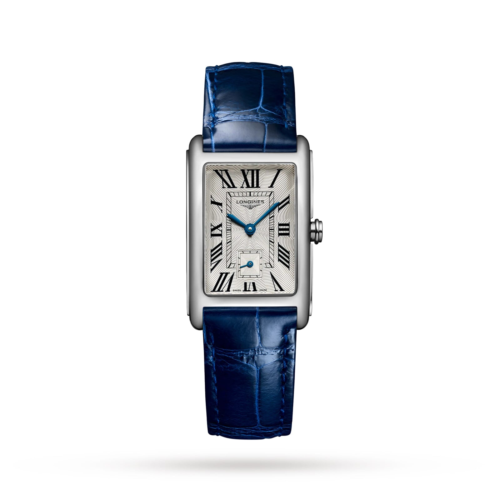 The Longines DolceVita is a rectangular silver watch featuring a textured face, blue Roman numerals, and a blue leather strap.