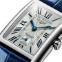 Close-up of a Longines DolceVita watch with a stainless steel case, patterned dial, blue Roman numerals and hands, and a blue leather strap.