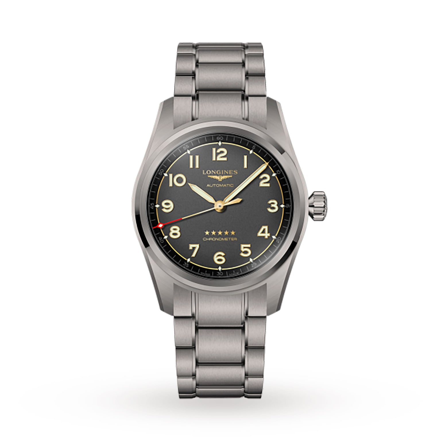 The Longines Spirit is a stainless steel wristwatch with a black dial, luminous numerals, and yellow accents on a metal link bracelet, inspired by the brand’s aviation collection and shown against a white background.