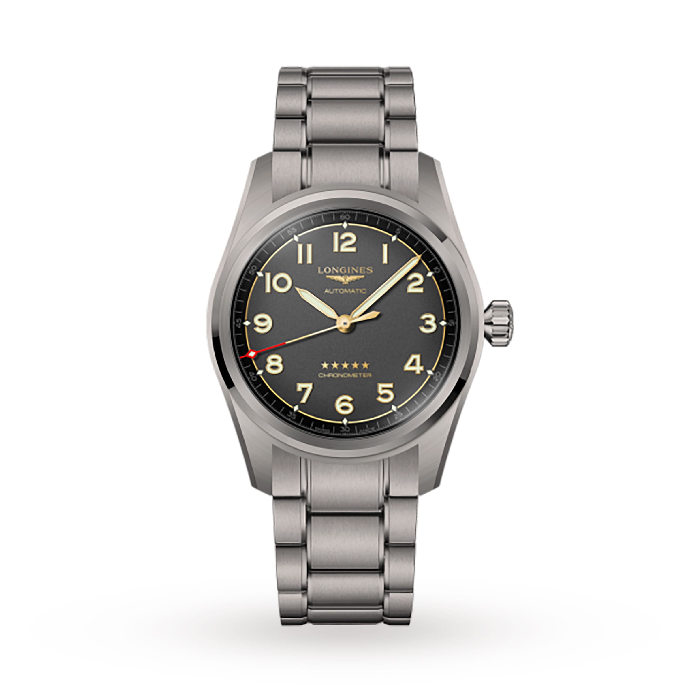 The Longines Spirit is a stainless steel wristwatch with a black dial, luminous numerals, and yellow accents on a metal link bracelet, inspired by the brand’s aviation collection and shown against a white background.