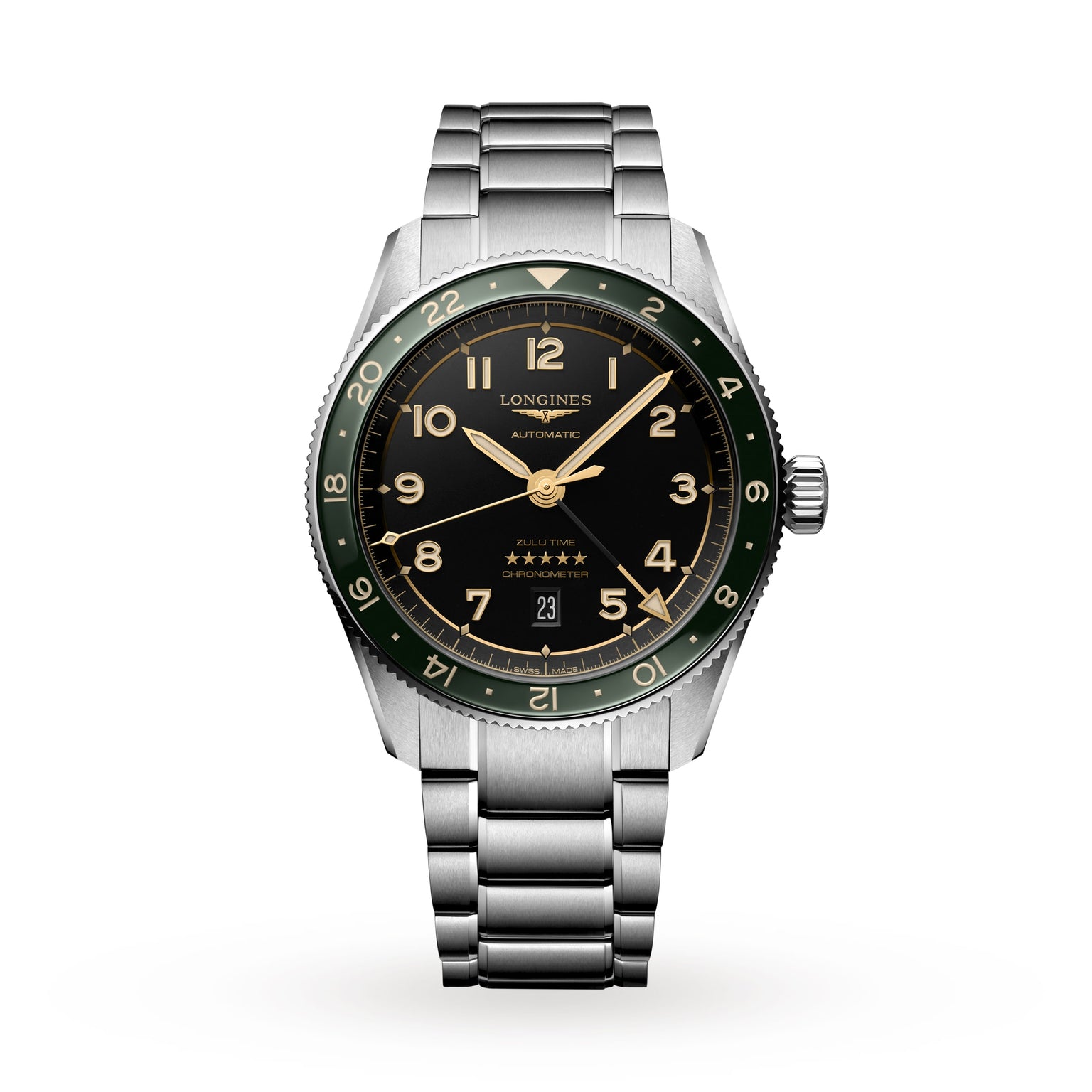 The Longines Spirit Zulu Time is a 42mm stainless steel watch with a black and green bezel, anthracite dial, gold accents, date at 6 o’clock, and a silver metal bracelet inspired by the Spirit collection.