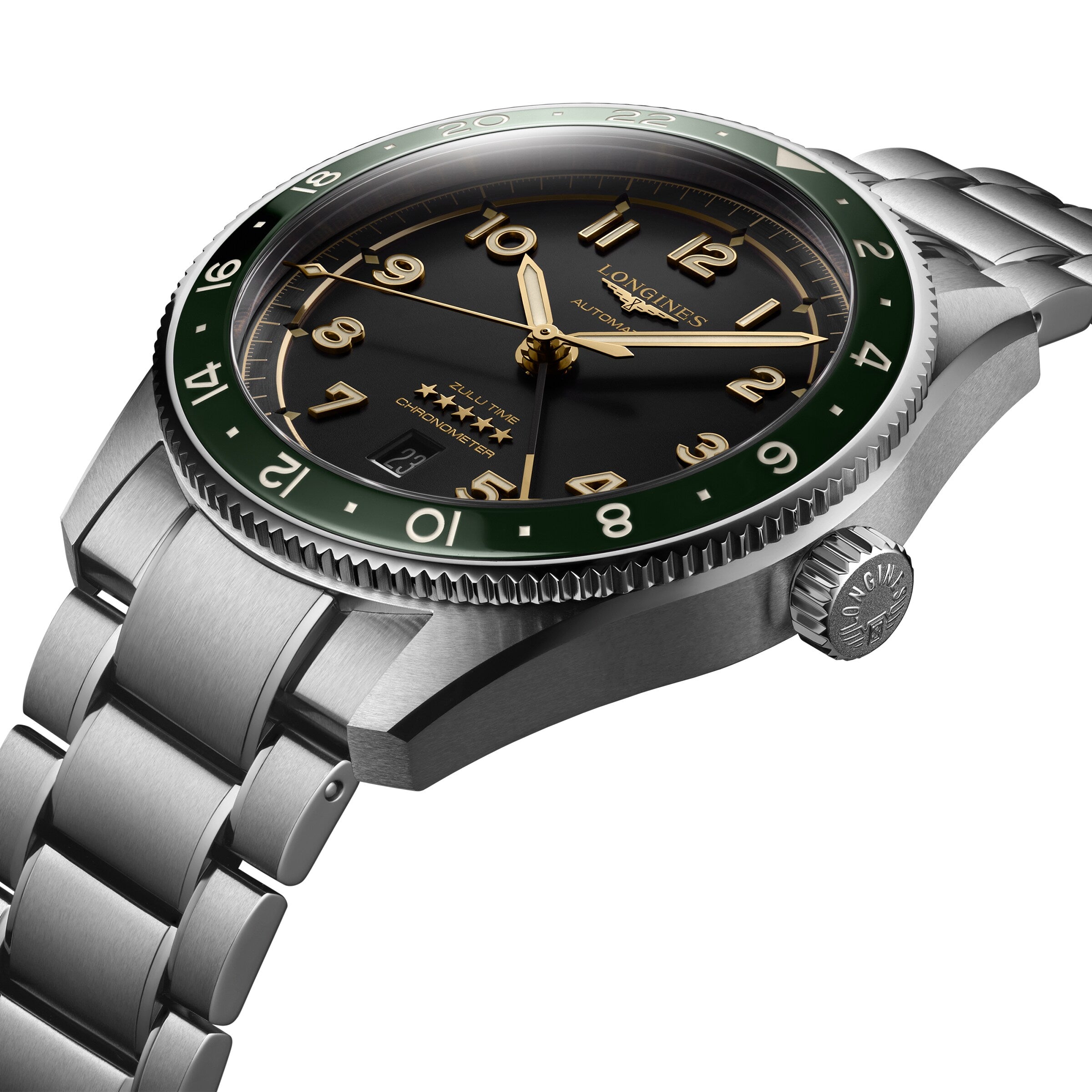 A close-up of the 42mm Longines Spirit Zulu Time, showcasing its stainless steel case, green bezel, anthracite dial with gold-tone hour markers, and a metal bracelet.