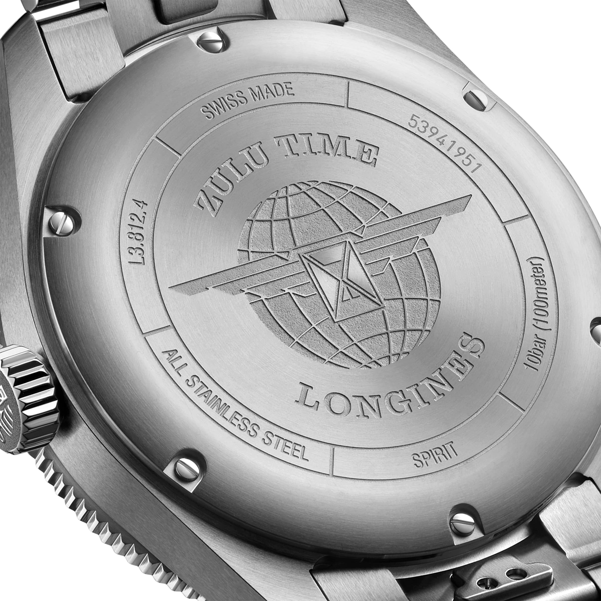 Close-up of the engraved case back of the Longines Spirit Zulu Time, highlighting its globe and wing logo, serial numbers, and product info. This watch has a 42mm stainless steel case with an anthracite dial.