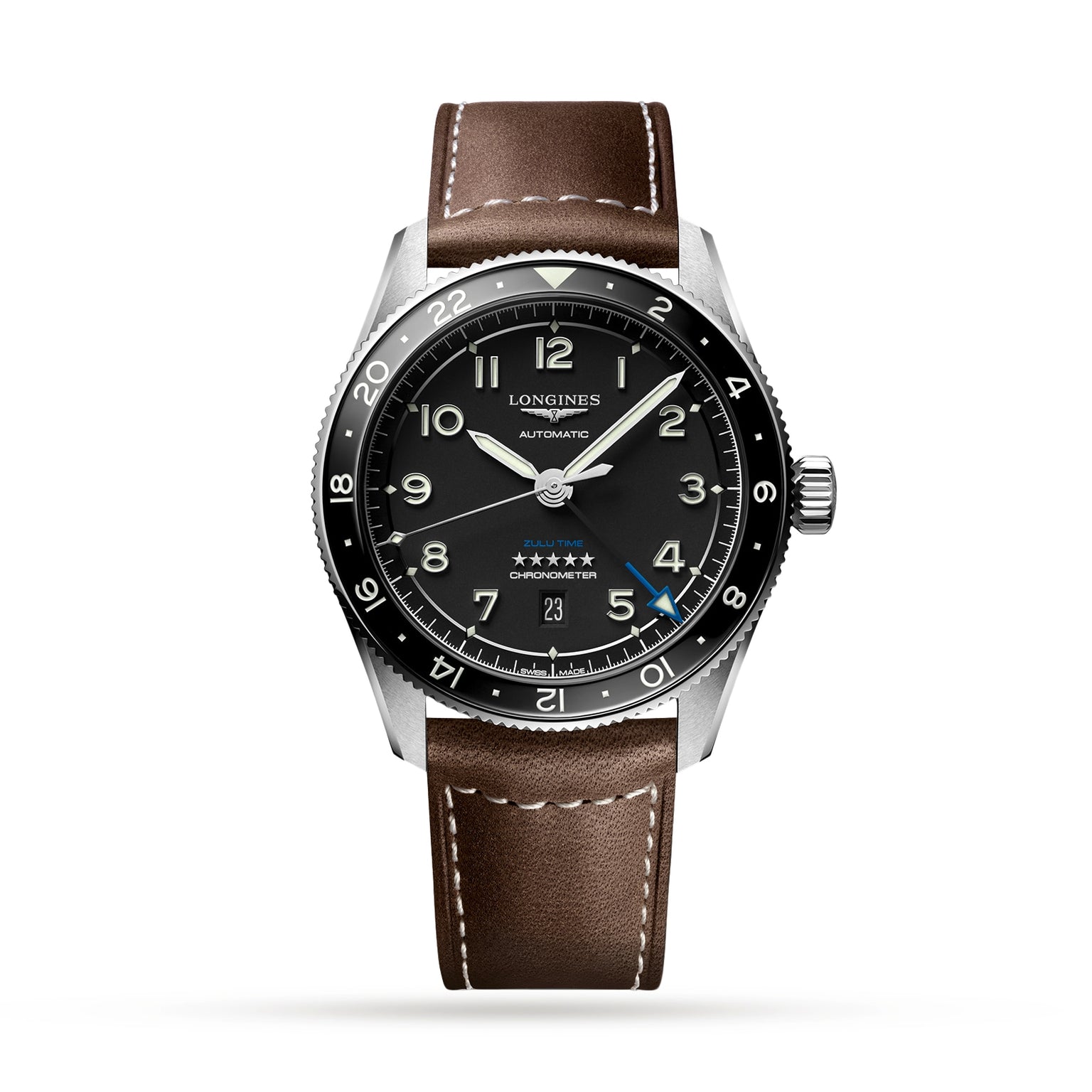 The Longines Spirit Zulu Time features a stainless steel case, black dial with silver hour markers, date at 6 o’clock, brown leather strap, and a black bezel with white numerals for tracking multiple time zones.