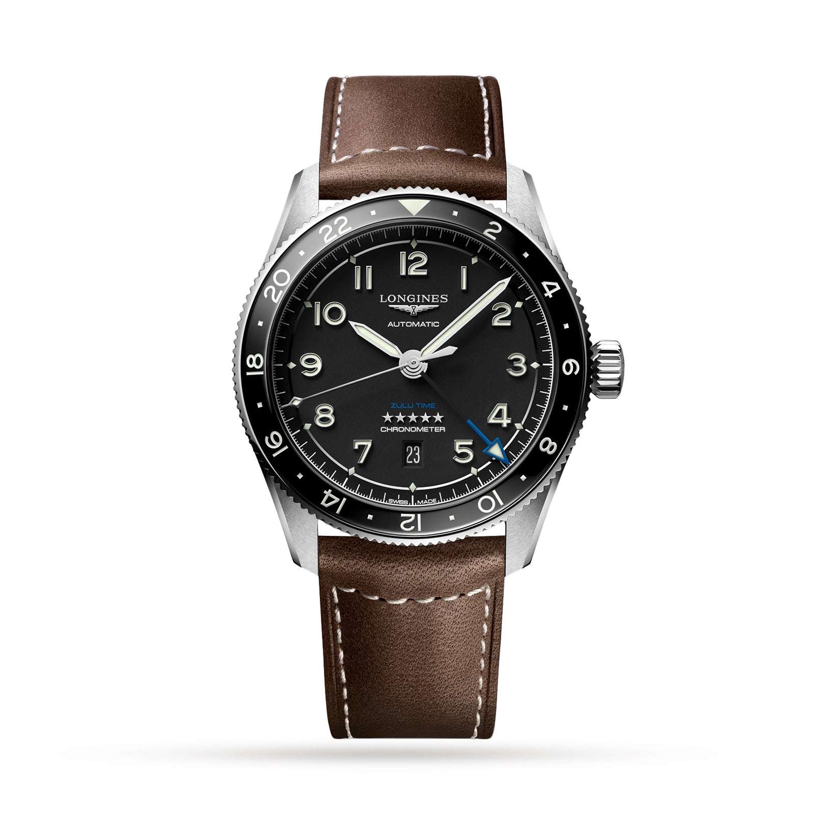 The Longines Spirit Zulu Time features a stainless steel case, black dial with silver hour markers, date at 6 o’clock, brown leather strap, and a black bezel with white numerals for tracking multiple time zones.