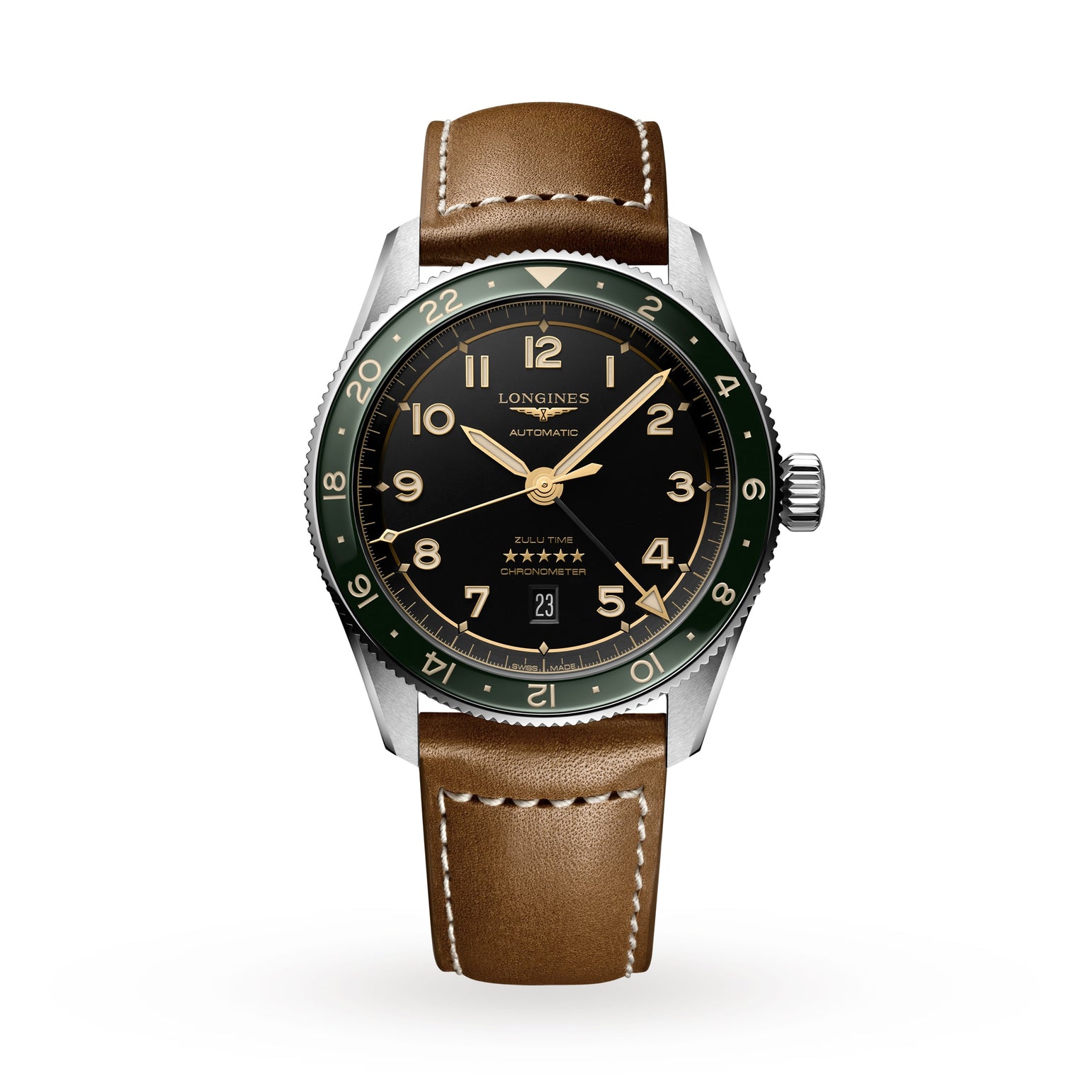 The Longines Spirit Zulu Time wristwatch features a black dial, green bezel, brown leather strap, stainless steel case, date at 6 o’clock, and shows the time as 10:09—an elegant nod to its iconic design.